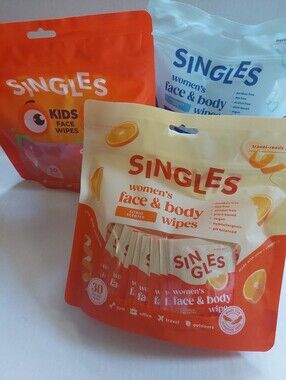 New Lot Of 3 SINGLES  (90) Face And Body Wipes Kids And Women Scented +